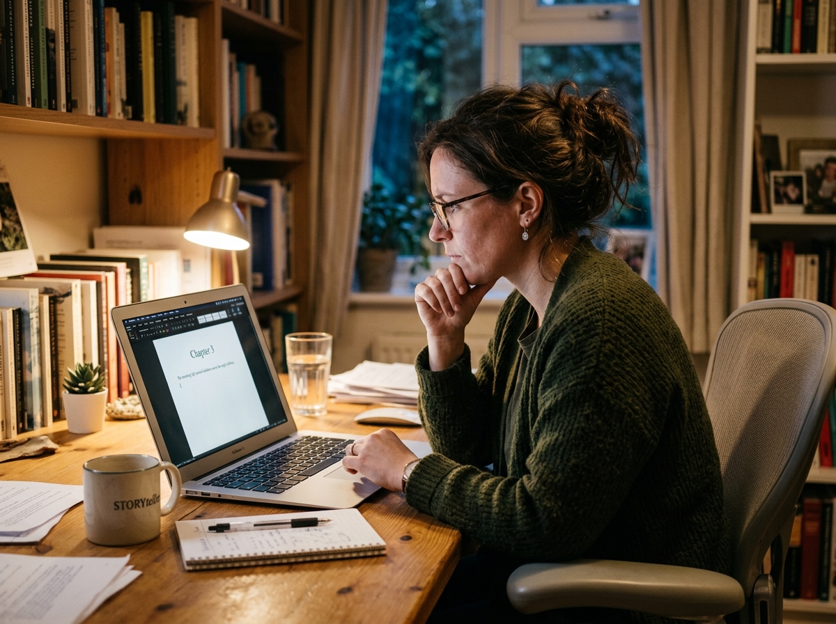 how to finish writing a book: an author staring at a stalled chapter 3 draft on a laptop